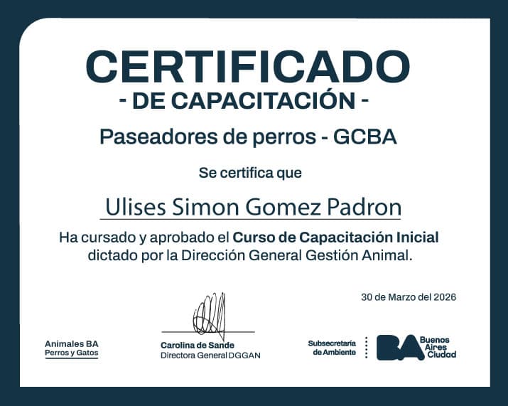 Certificado de Capacitación — Curso de Paseadores de Perros GCBA, Ulises Simon Gomez Padron, 30 de Marzo de 2026